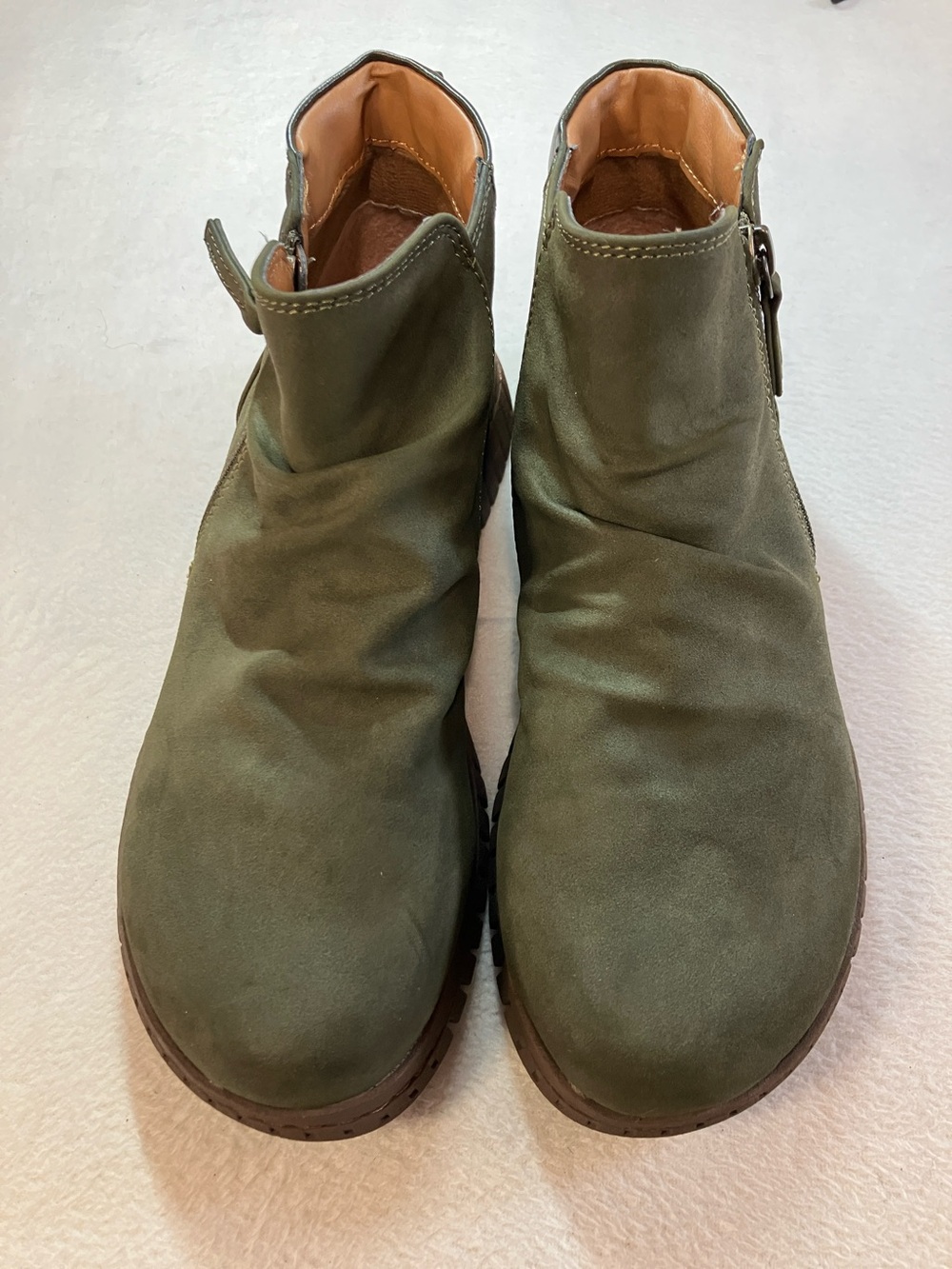Olive Green Suede Ankle Booties with Side Buckle